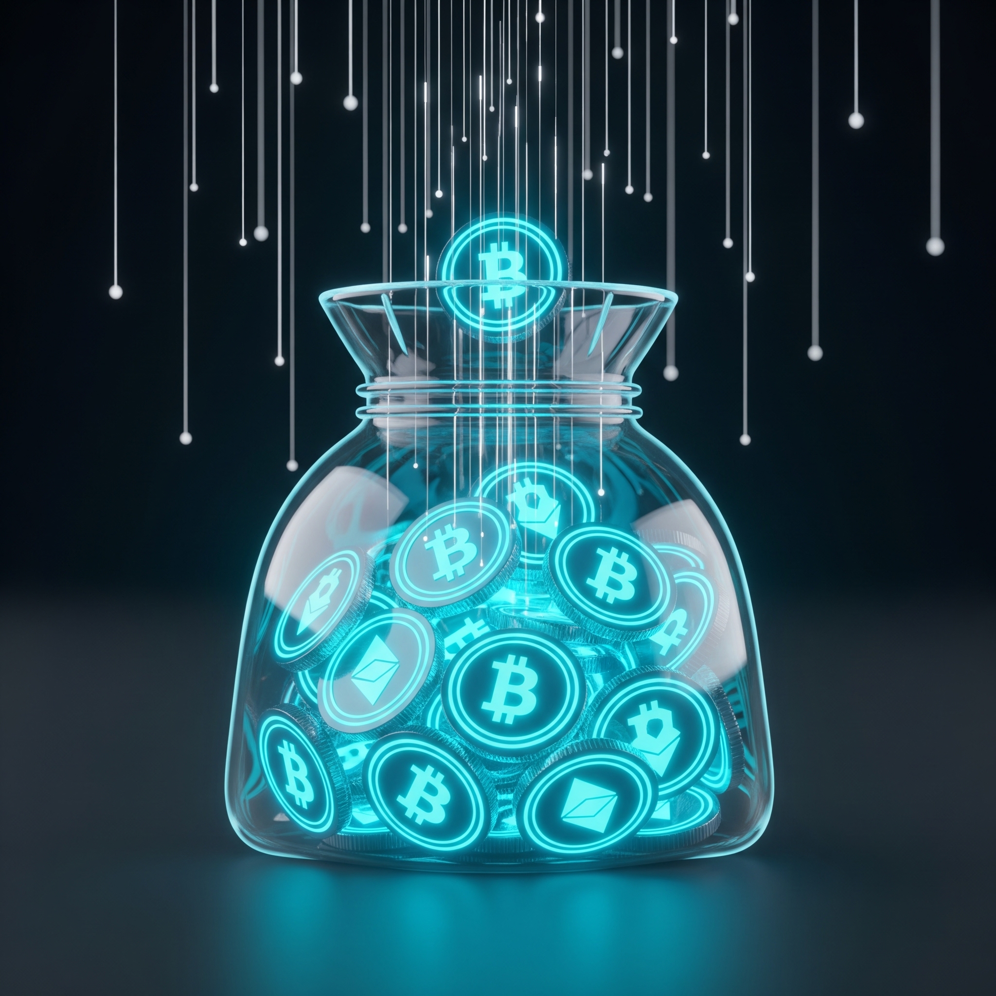 A growing bag of cryptocurrency coins